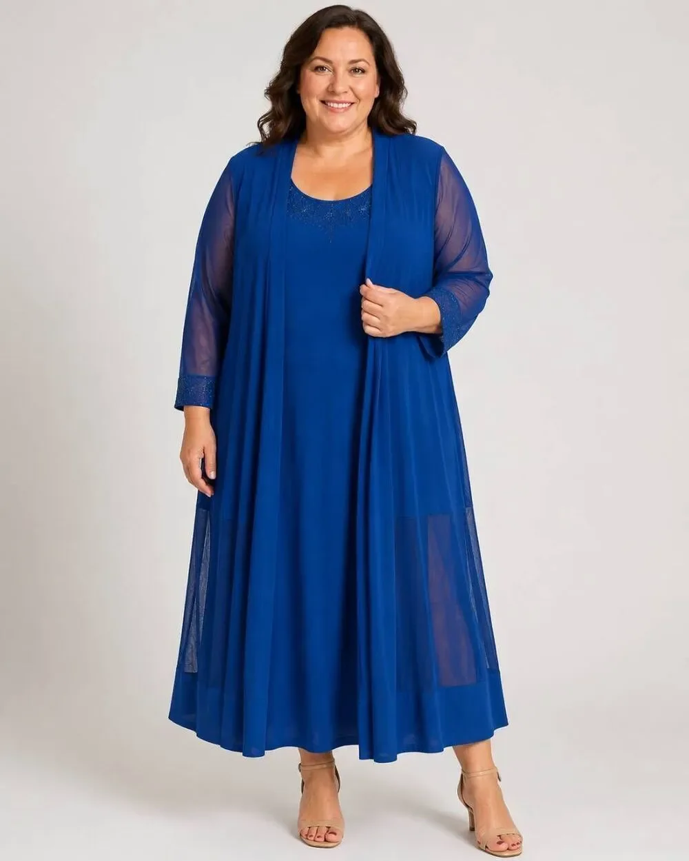 R&M Richards Woman 3X Peacock Blue 2 Piece Dress Set Sheer Jacket Beaded Plus Si